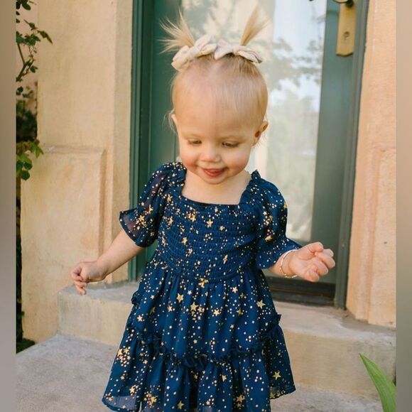 Matching SET Mommy Baby Ivy City Co Starry Nights Puff Sleeve Smocked Dresses - Picture 10 of 11